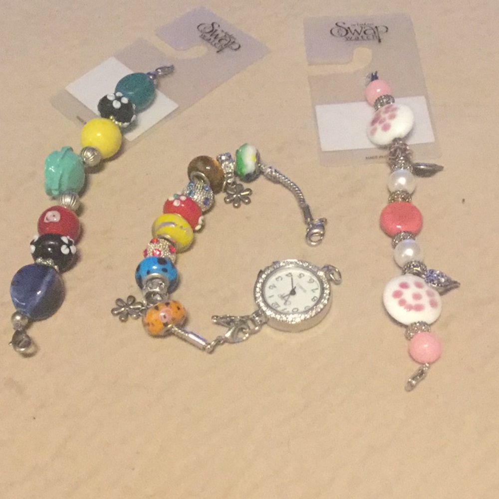 Swap watch with 3 bands beads and crystals New